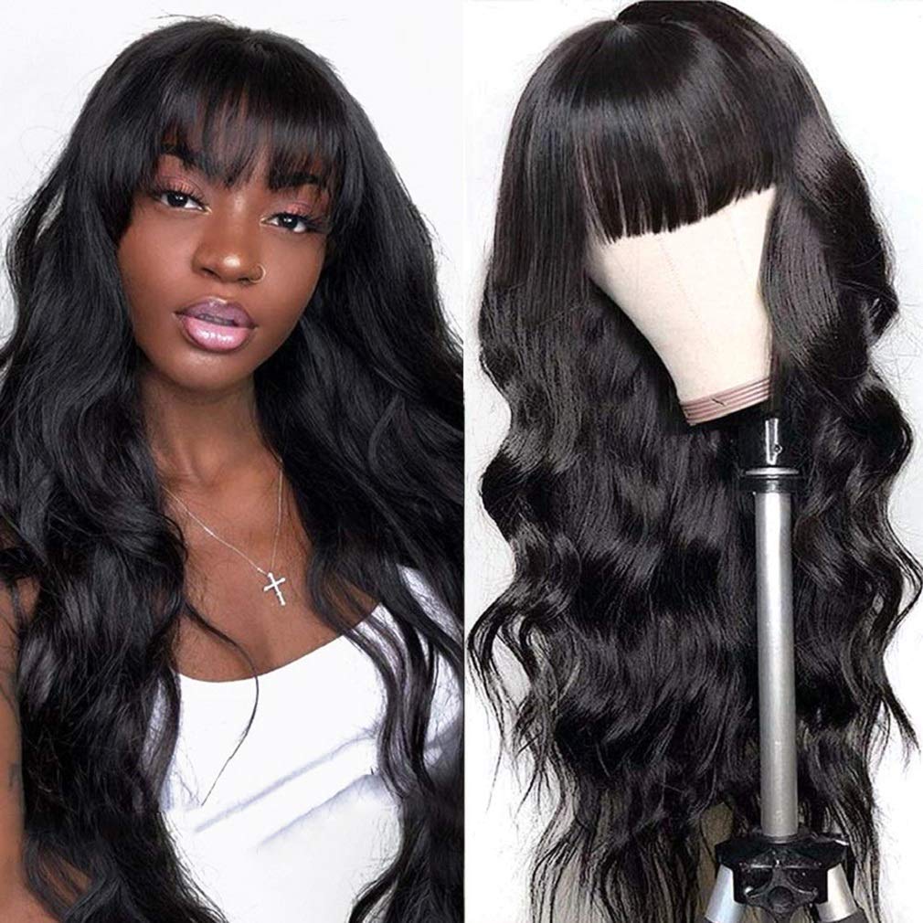 Gluna Hair Brazilian Virgin Body Wave Human Hair Wigs with Bangs 150% Density None Lace Front Wigs Glueless Machine Made Wigs for Black Women Natural Color