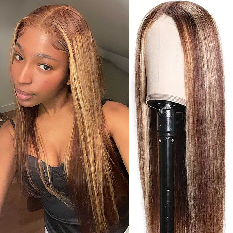 Gluna 4×4 5x5 Lace Closure Wigs Highlight #4/27 Color Straight Human Virgin Hair Pre Plucked With Natural Baby Hair
