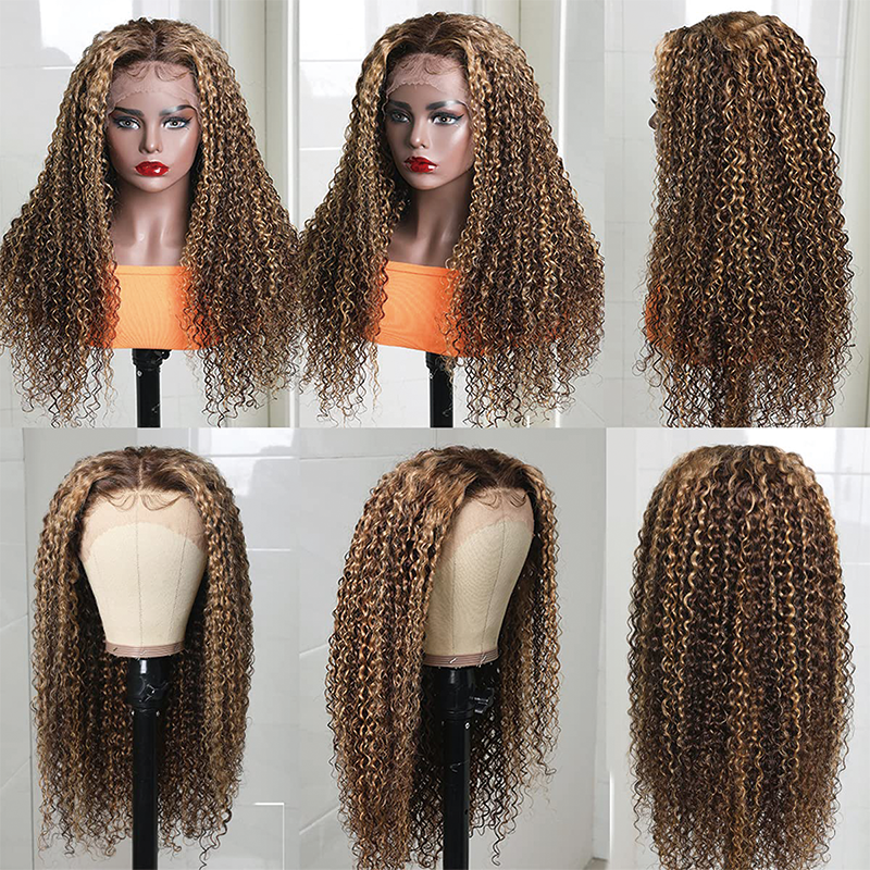 Gluna Kinky Curly 4/27 Brown and Honey Blonde Highlight Color 13×4 13x6 Lace Frontal Wig Fashion 100% Human Virgin Hair