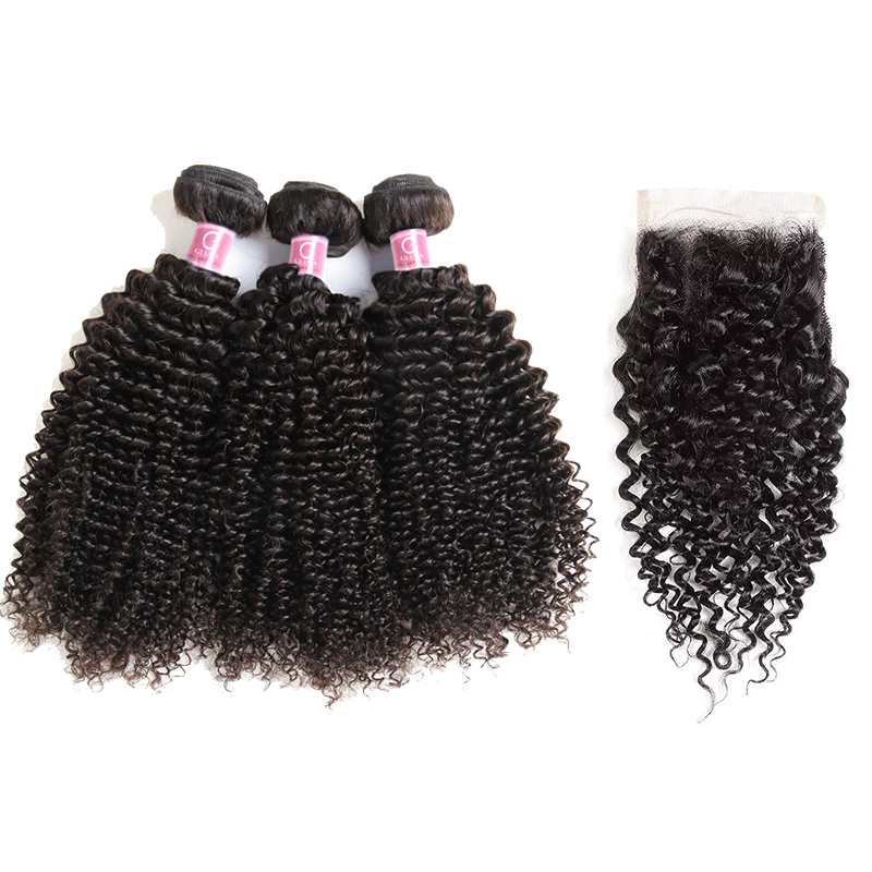 Free Shippng Gluna Hair 8A Grade Kinky Curly Virgin Hair 3 Bundles With 4x4 Closure 100% Human Hair Extension Natural Black