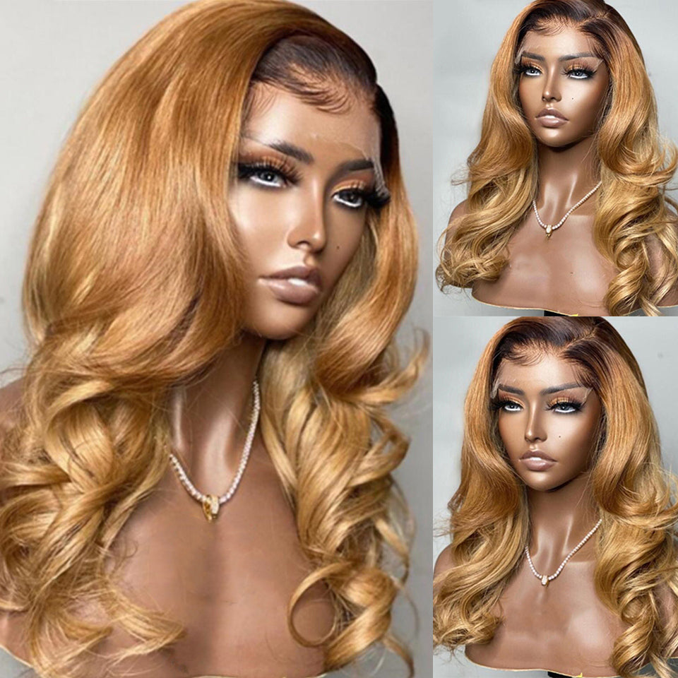 Gluna 4×4 5x5 Lace Closure Wig Ombre #1B/27 Honey Blonde Color Body Wave Human Virgin Hair Pre Plucked With Natural Baby Hair