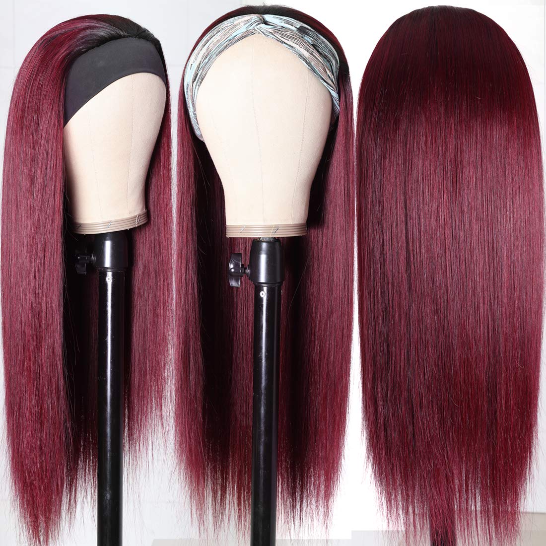 Gluna Hair 1B/Burgundy Straight Headband Wig Virgin Human Hair Wigs For Black Women