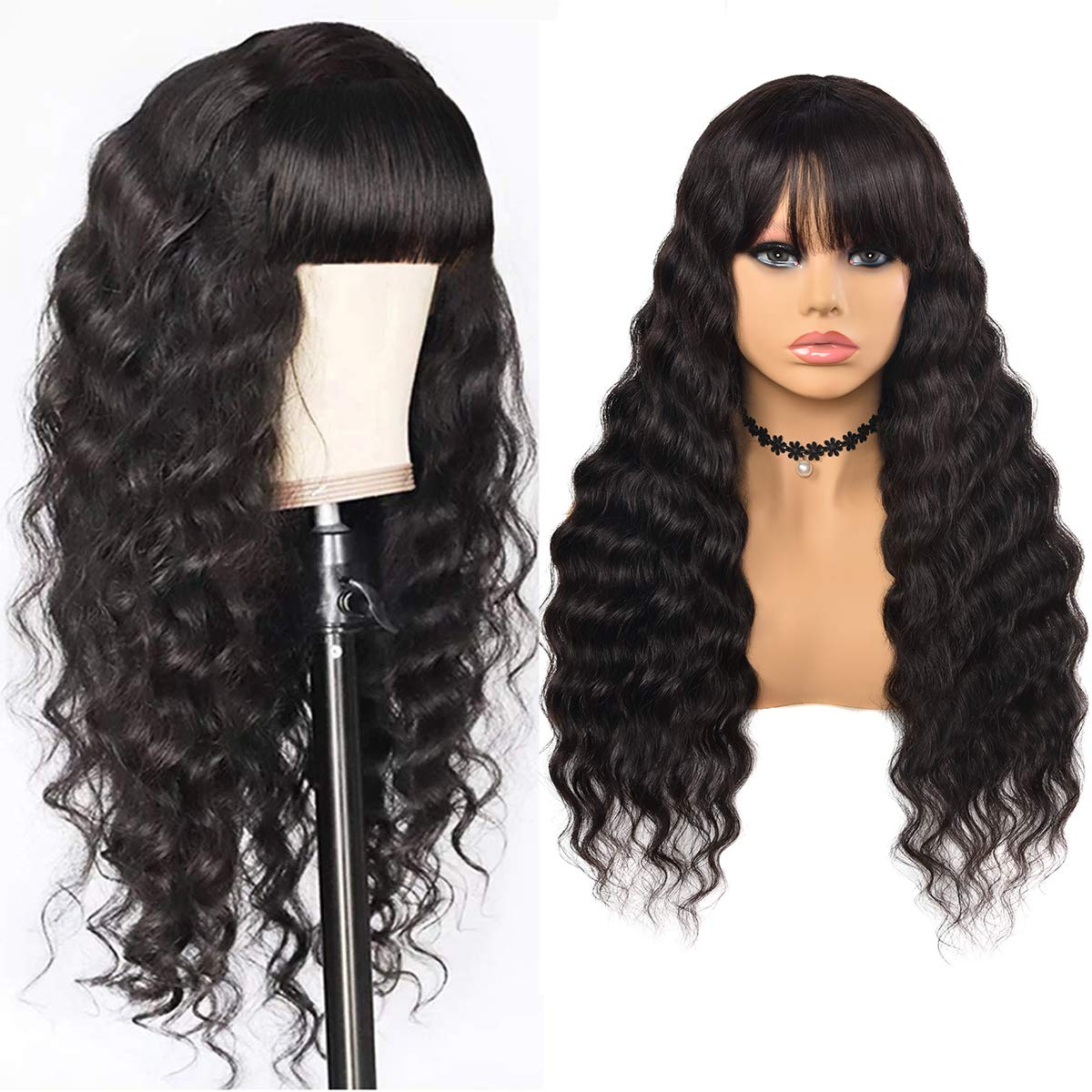 Gluna Hair Loose Deep Wave Wigs With Bangs 150% Density None Lace Human Hair Wigs Glueless Machine Made Wigs for Black Women Brazilian Virgin Hair Natural Color