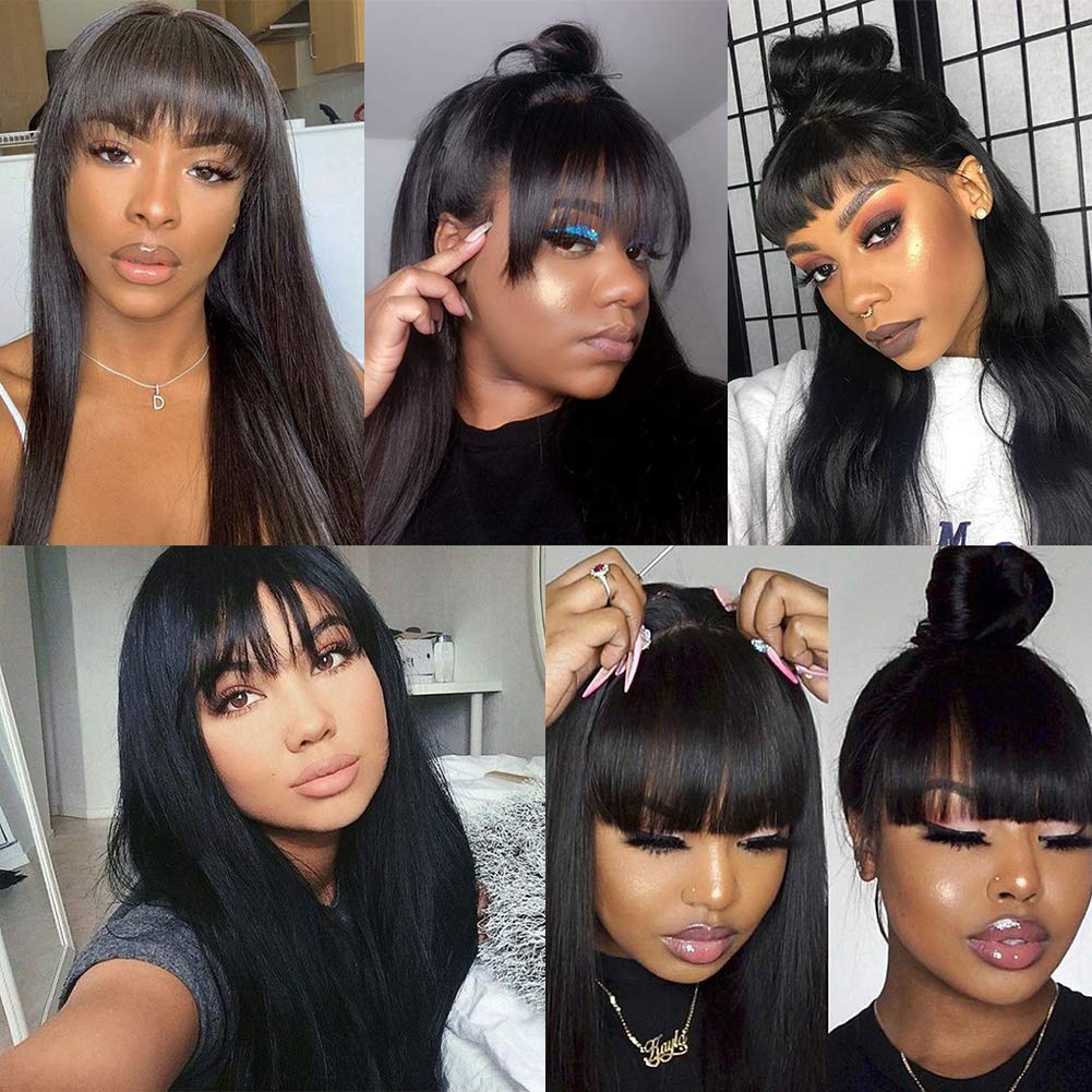 Gluna Hair Brazilian Virgin Straight Human Hair Wigs with Bangs 150% Density None Lace Front Wigs Glueless Machine Made Wigs for Black Women Natural Color
