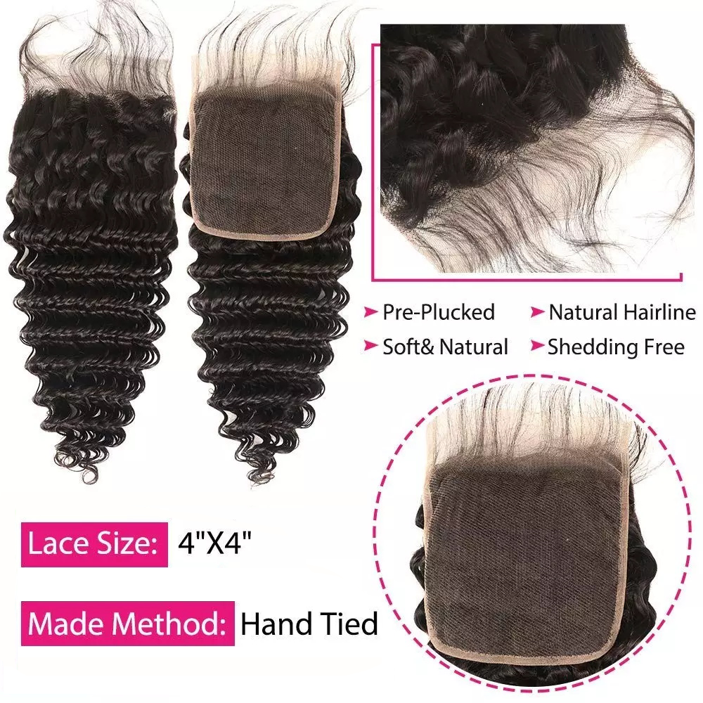 Free Shippng Gluna Hair 8A Grade Deep Wave Virgin Hair 4Bundles With Closure 100% Human Hair Extension Natural Black