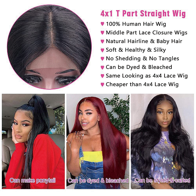 Straight T-Part Lace Closure Wigs Human Hair 4x1 T Middle Part Brazilian Virgin Human Hair for Black Women 150% Density Pre Plucked With Baby Hair Natural Color