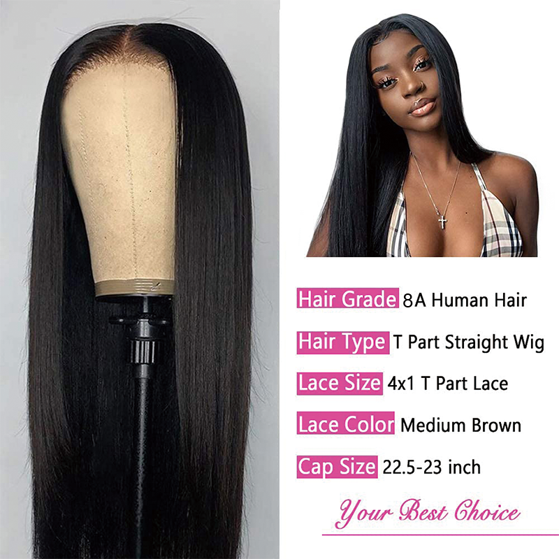 Straight T-Part Lace Closure Wigs Human Hair 4x1 T Middle Part Brazilian Virgin Human Hair for Black Women 150% Density Pre Plucked With Baby Hair Natural Color