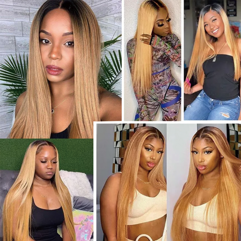 Gluna 13×4 13x6 Lace Frontal Wig Straight Ombre #1B/27 Color Honey Blonde Color Human Virgin Hair Pre Plucked With Natural Baby Hair