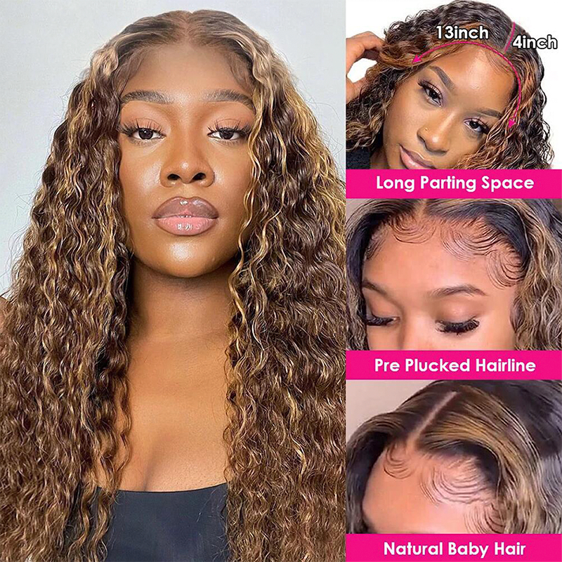 Gluna Water Wave 4/27 Brown and Blonde Highlight Color 13×4 13x6 Lace Frontal/Closure Wig Fashion 100% Human Virgin Hair