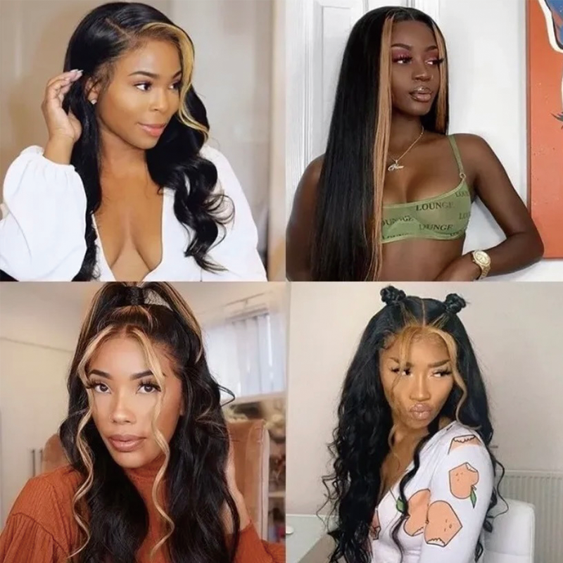 Gluna 4×4 5x5 Lace Closure Wigs Skunk Stripe TB/27 Highlight Honey Blonde Color Straight Human Virgin Hair Pre Plucked With Natural Baby Hair