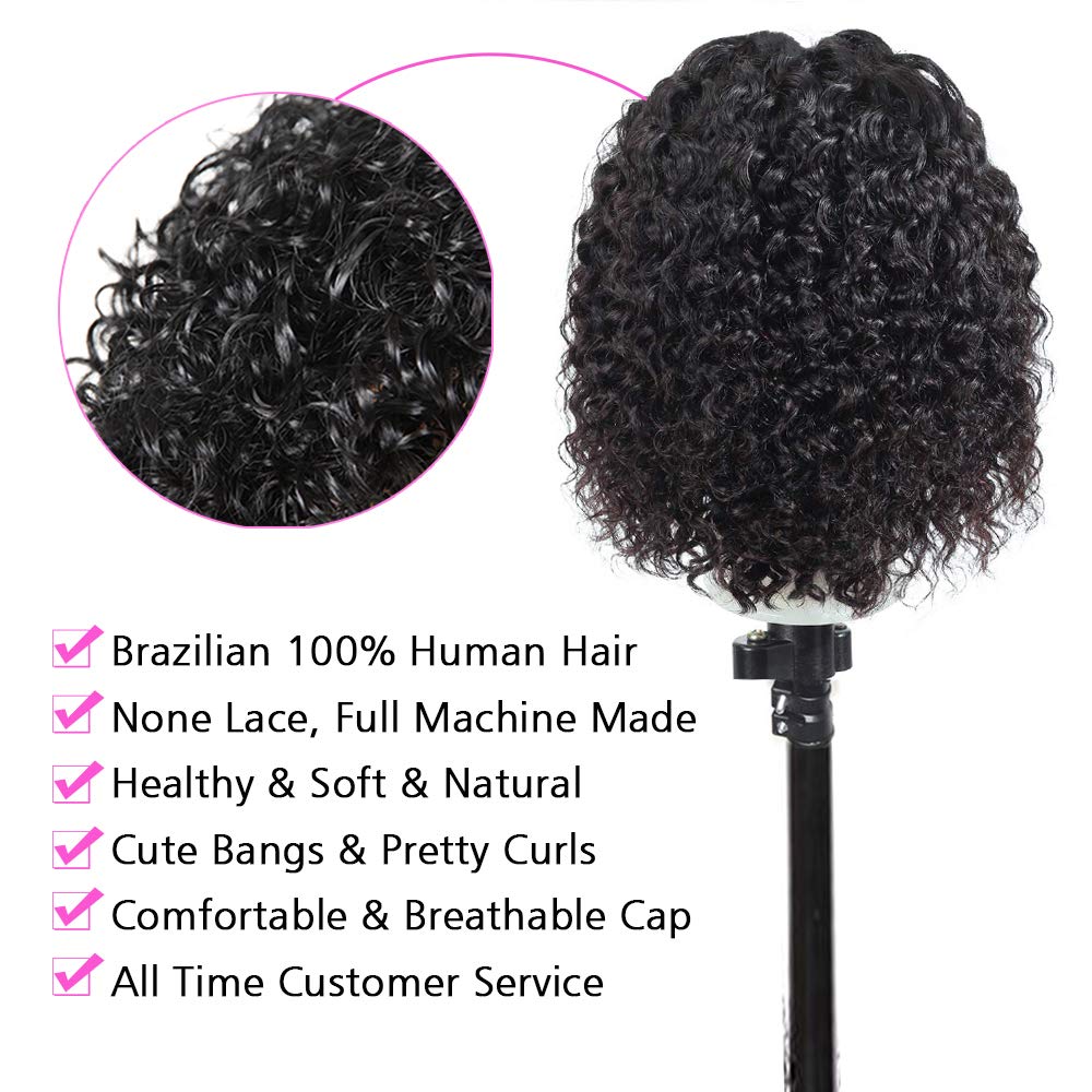 Gluna Hair Bob Wigs with Bangs Brazilian Curly Virgin Human Hair Wigs Glueless Silky Machine Made Wigs for Black Women Natural Color