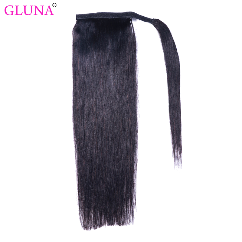 Gluna Hair Silk Straight Ponytail Extension for Black Women 100% Remy Human Hair Extensions Wrap Around Fixed Ponytail with Magic Paste Binding Fluffy Ponytail Extension Human Hair 100g Natural Black