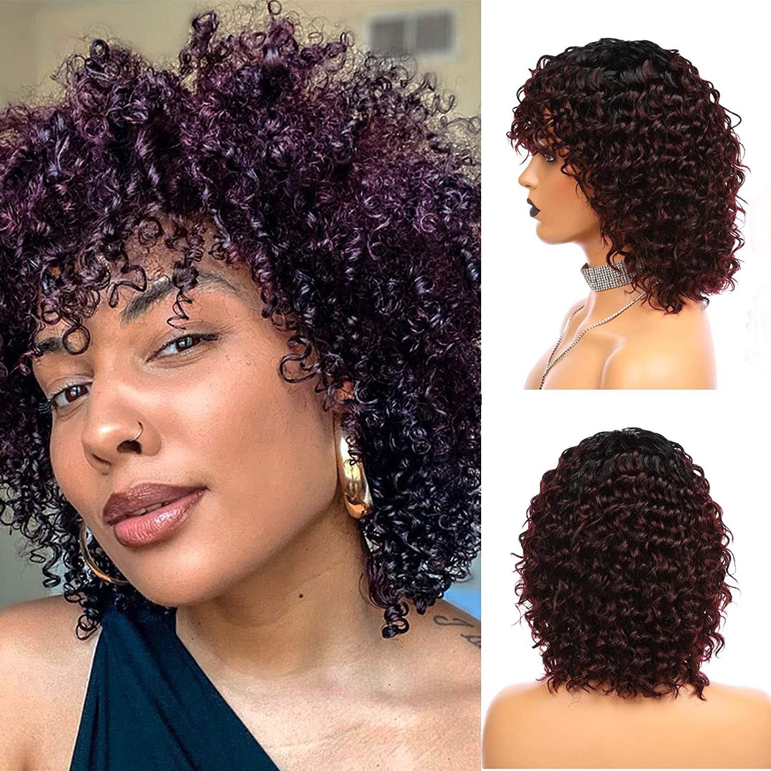 Gluna Hair Short Curly Bob Non Lace Front Machine Made Wig 1B/99J Ombre Colored Wig with Dark Roots for Black Women
