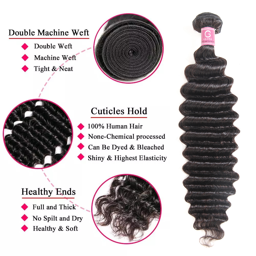 Free Shippng Gluna Hair 8A Grade Deep Wave Virgin Hair 3Bundles With Frontal 100% Human Hair Extension Natural Black